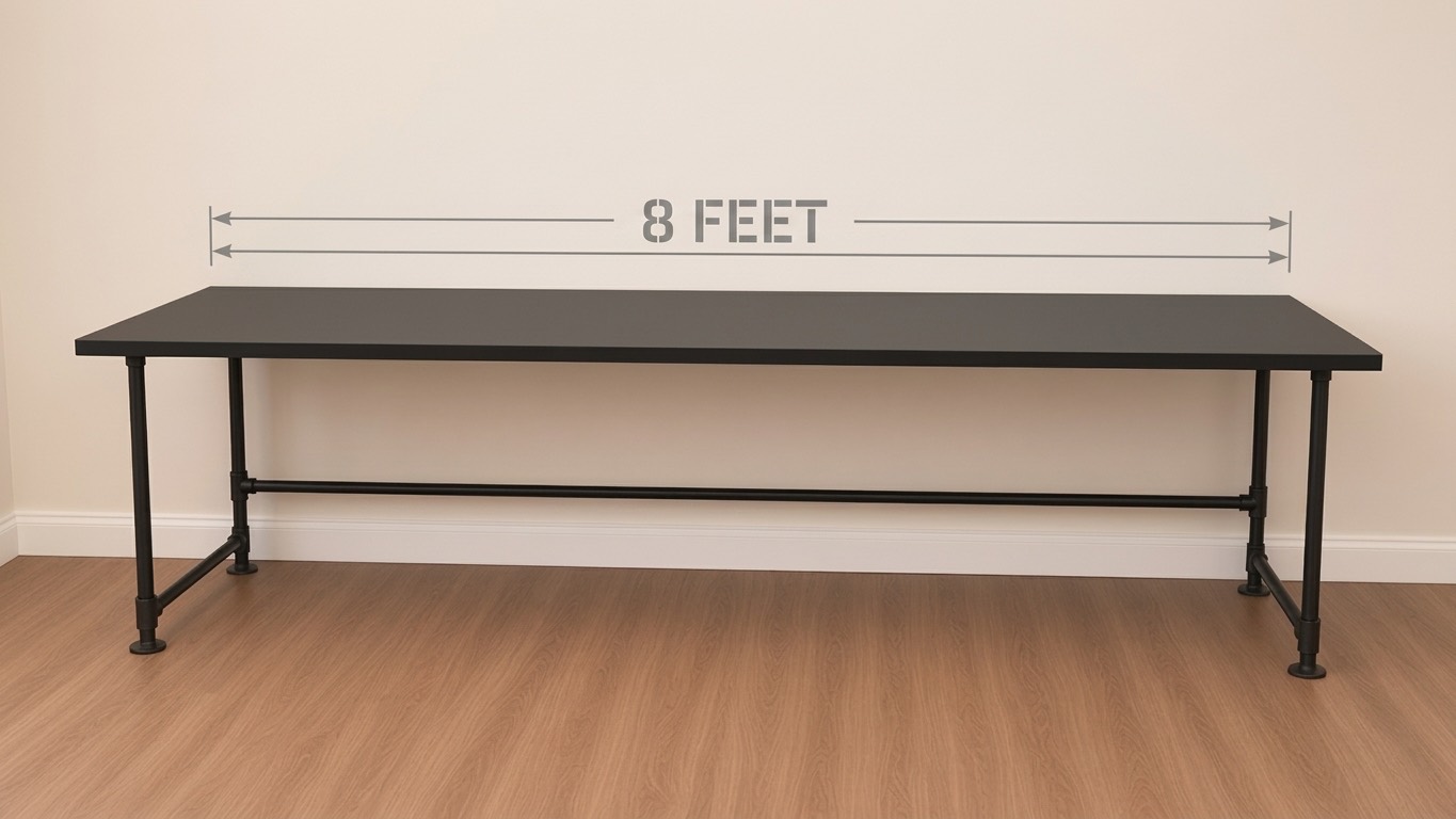 The empty 8-foot Runway desk with a measurement line marked 8 feet