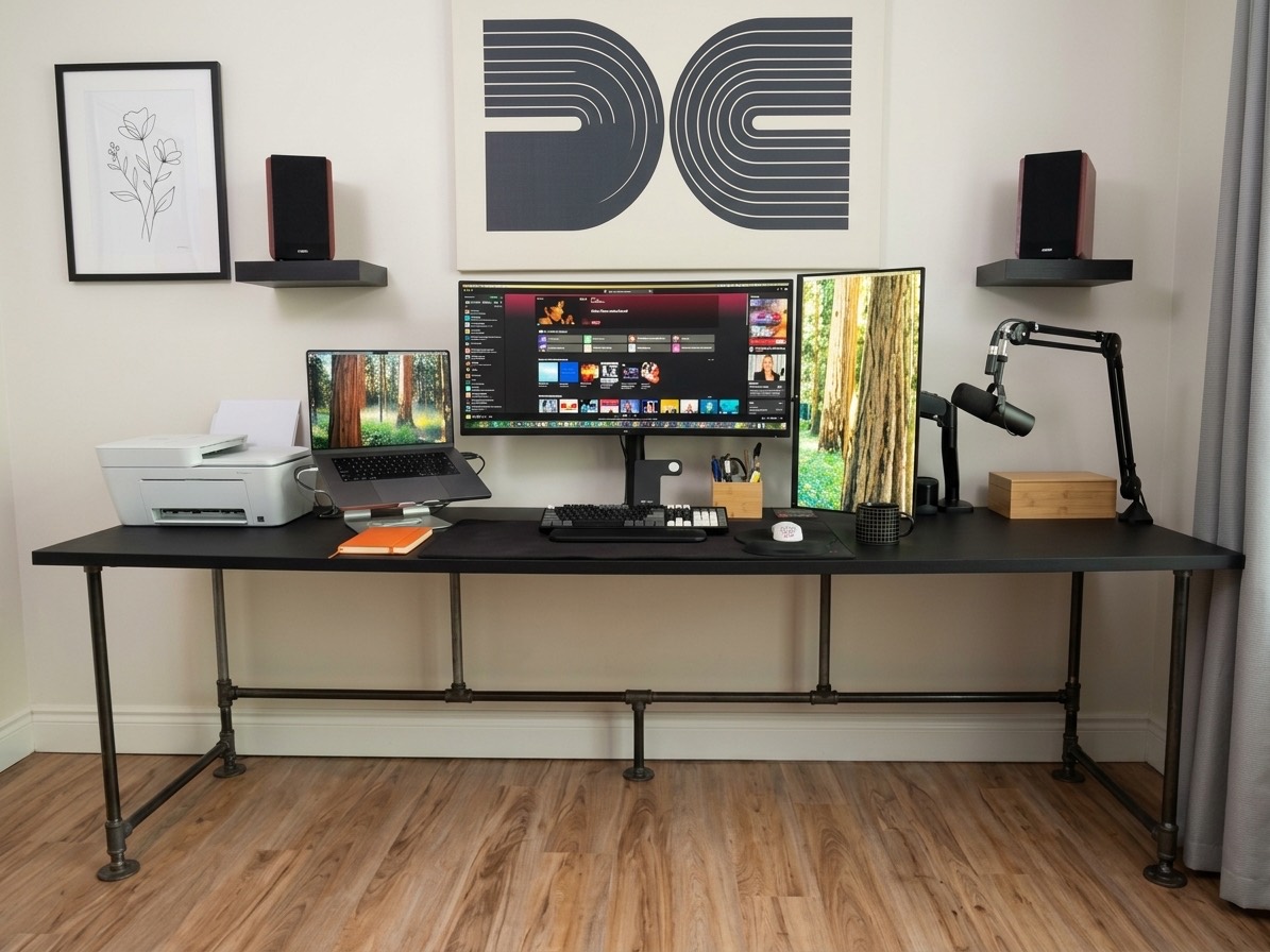 The Runway Productivity Desk in Carbon, set up with an ultrawide monitor, a laptop, a printer, and a microphone